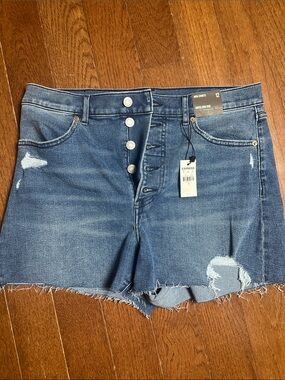 Express Blue High-Rise Distressed Button-Fly Jean Shorts